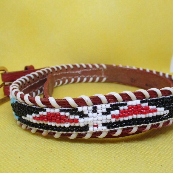 Seed Bead Tan Embossed Genuine Leather Belt Gold Tone Buckle Southwestern Belt - Picture 1 of 7